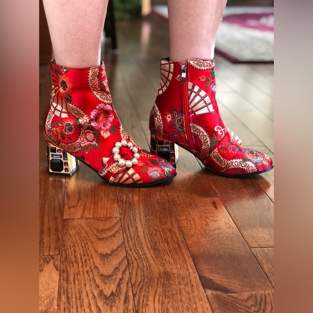 Red Floral Embroidered Ankle Booties with Pearl Accent